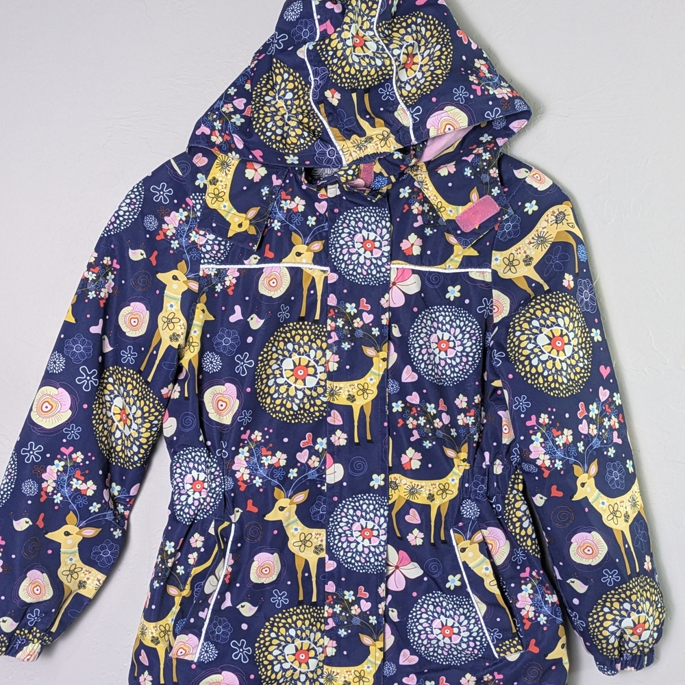 L'amour de garde Girls Rain Jacket Navy Deer Floral Fleece Lined Hooded 134/140